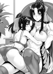 Rule 34 | 2girls, aged down, ass, bad id, bad pixiv id, black hair, blush, bra, bra lift, bra pull, breasts, cameltoe, choker, clothes pull, commentary request, frills, greyscale, hug, indoors, large breasts, looking at viewer, monochrome, multiple girls, nipples, off shoulder, open clothes, original, parted lips, ponytail, ribbon, sitting, small breasts, stomach, sweat, thighhighs, underwear, zucchini