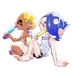 Rule 34 | 2girls, barefoot, blonde hair, blue hair, closed eyes, dark-skinned female, dark skin, eating, food, frye (splatoon), inkling player character, issa 1 3, looking at viewer, multiple girls, nintendo, octoling player character, open mouth, popsicle, shiver (splatoon), shorts, sitting, splatoon (series), splatoon 3, strap slip, sweat, tank top, tentacle hair, tongue, tongue out
