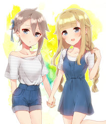 Rule 34 | 2girls, :d, alternate hairstyle, ange (princess principal), bad id, bad pixiv id, blonde hair, blue dress, blue eyes, blue ribbon, blue shorts, blunt bangs, braid, brown hair, casual, collarbone, contemporary, denim, denim shorts, dress, fingernails, hair between eyes, hair flaps, hair ribbon, hand up, highres, holding hands, interlocked fingers, long hair, low twintails, multiple girls, off-shoulder shirt, off shoulder, open mouth, parted bangs, princess (princess principal), princess principal, ribbon, shirt, short shorts, shorts, sleeveless, sleeveless dress, smile, sorimachi-doufu, standing, standing on one leg, striped clothes, striped shirt, twin braids, twintails, very long hair