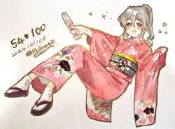 Rule 34 | 1girl, brown eyes, cup, dated, drinking glass, floral print, grey hair, hair between eyes, highres, japanese clothes, kantai collection, kimono, long hair, obi, official alternate costume, pola (kancolle), ponytail, red kimono, sandals, sash, shishanmo, socks, solo, tabi, thick eyebrows, wavy hair, white socks, wine glass