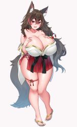 Rule 34 | 1girl, :d, absurdres, animal ear fluff, animal ears, bare legs, braid, breast suppress, breasts, brown hair, cleavage, colored eyelashes, commission, curvy, dress, fang, fox ears, fox tail, highres, huge breasts, leg ribbon, long hair, multicolored hair, off-shoulder dress, off shoulder, open mouth, original, red eyes, ribbon, sandals, side braid, simple background, skin fang, smile, solo, streaked hair, suruga (xsurugax), tail, thick eyebrows, thigh ribbon, tsurime, v-shaped eyebrows, very long hair, white background, wide hips