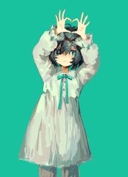 Rule 34 | 1girl, absurdres, arms up, black hair, dress, expressionless, green background, green eyes, green ribbon, heart, heart hands, highres, looking at viewer, neck ribbon, nobiu0112, original, ribbon, short hair, simple background, sketch, solo, white dress