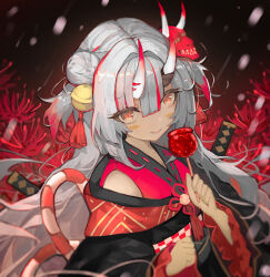 Rule 34 | 1girl, bell, black kimono, blush stickers, candy apple, closed mouth, commentary request, double bun, fang, fang out, flower, food, grey hair, hair bell, hair bun, hair ornament, holding, holding food, hololive, horns, japanese clothes, jingle bell, katana, kimono, long sleeves, mask, mask on head, multicolored hair, nakiri ayame, off shoulder, oni, oni mask, red eyes, red flower, red hair, ribbon trim, senya fuurin, smile, solo, spider lily, streaked hair, sword, two side up, upper body, virtual youtuber, weapon, wide sleeves