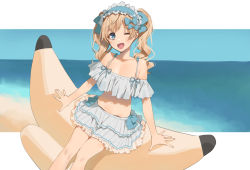Rule 34 | 1girl, 2l (2lsize), ;d, banana boat, bikini, blonde hair, blue bikini, blue bow, blue eyes, blue hairband, blush, bow, commentary request, curly hair, day, frilled bikini, frilled hairband, frills, hair bow, hairband, long hair, looking at viewer, one eye closed, open mouth, original, outside border, sitting, smile, solo, swimsuit, twintails, water