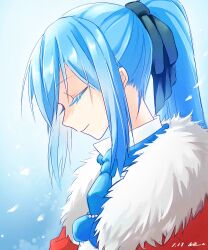 Rule 34 | 1other, absurdres, androgynous, black ribbon, blue hair, blue necktie, chinese commentary, closed eyes, closed mouth, colored eyelashes, commentary request, dated, film grain, fur-trimmed jacket, fur trim, hair ribbon, heng (heng798616), highres, jacket, long hair, necktie, open clothes, open jacket, other focus, ponytail, profile, red jacket, ribbon, rimuru tempest, shirt, smile, solo, tensei shitara slime datta ken, white shirt