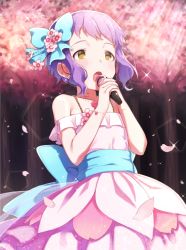 Rule 34 | 10s, 1girl, bare shoulders, blush, cherry blossoms, earrings, flower, hair flower, hair ornament, idolmaster, idolmaster million live!, jewelry, makabe mizuki, microphone, mimizubare, necklace, open mouth, petals, purple hair, short hair, solo, tree, yellow eyes