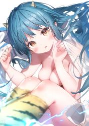 Rule 34 | 1girl, animal print, bad id, bad twitter id, bare shoulders, blue hair, blush, breasts, brown eyes, cleavage, cone horns, electricity, electrokinesis, fang, floating hair, hands up, highres, horns, knees up, looking at viewer, lum, medium breasts, oni, parted lips, pointy ears, ryota (ry o ta), shadow, shirt, signature, simple background, skin fang, solo, tiger print, unworn shirt, urusei yatsura, white background, white shirt