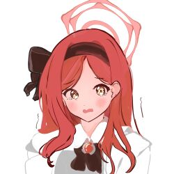 Rule 34 | 1girl, black bow, black bowtie, black hairband, blue archive, blush, bow, bowtie, dress, embarrassed, forehead, glimer3048, grey dress, hair behind ear, hairband, halo, highres, jacket, long hair, looking at viewer, open mouth, portrait, red hair, red halo, simple background, sketch, solo, takane (blue archive), tearing up, wavy mouth, white background, white jacket, yellow eyes