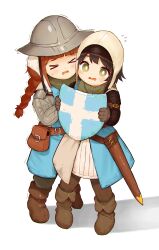 Rule 34 | &gt; &lt;, 2girls, absurdres, belt pouch, black hair, boots, brown footwear, brown hair, commentary request, fang, full body, helmet, highres, holding, holding shield, kuma-bound, long hair, looking at viewer, multiple girls, open mouth, original, pouch, sheath, shield, short hair, simple background, standing, trembling, wavy mouth, white background