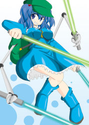 Rule 34 | 1girl, akasode (tyaramu), backpack, bad anatomy, bag, blue eyes, blue hair, boots, breasts, crossover, dress, energy sword, artistic error, general grievous, grin, hair bobbles, hair ornament, hat, kawashiro nitori, key, lightsaber, matching hair/eyes, mechanical arms, medium breasts, parody, randoseru, red eyes, rubber boots, short hair, simple background, skirt, smile, solo, star wars, sword, touhou, twintails, two side up, weapon