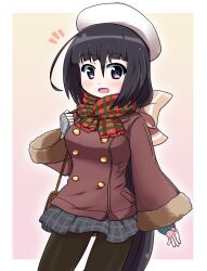 Rule 34 | 1girl, beret, black thighhighs, buttons, checkered clothes, checkered skirt, coat, double-breasted, fur-trimmed coat, fur trim, hair ribbon, hat, highres, ima-no-tsurugi (tenka hyakken), long bangs, long hair, notice lines, official alternate costume, open mouth, orange-bird, plaid, plaid scarf, purple eyes, ribbon, scarf, sidelocks, skirt, sleeves past wrists, smile, standing, tenka hyakken, thighhighs, very long hair, winter clothes