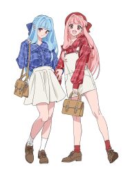 Rule 34 | 2girls, alternate costume, bag, beret, blue hair, blue ribbon, blue shirt, blush, braid, brown footwear, center frills, closed mouth, commentary request, floating hair, frills, full body, hair intakes, hair ribbon, half updo, hand up, handbag, hat, hat ribbon, heel up, highres, holding, holding another&#039;s arm, holding bag, kotonoha akane, kotonoha aoi, long hair, long sleeves, looking at viewer, matching outfits, moya (toatomoot), multiple girls, open mouth, orange eyes, overall skirt, overalls, oxfords, pink hair, plaid, plaid shirt, puffy long sleeves, puffy sleeves, red headwear, red ribbon, red shirt, red socks, ribbon, shirt, shoulder bag, siblings, side-by-side, side braid, sidelocks, simple background, sisters, skirt, smile, socks, standing, toes up, voiceroid, white background, white overalls, white skirt, white socks