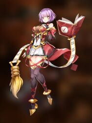 Rule 34 | 1girl, armor, armored dress, artist request, bare shoulders, black pantyhose, blurry, blurry background, book, breasts, dress, epic seven, full body, hand on own chest, heels, highres, large breasts, mercedes (epic seven), pantyhose, parchment, pink hair, purple hair, short hair, skirt, stitches, yellow eyes