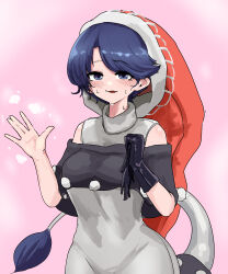 Rule 34 | 1girl, absurdres, bare shoulders, black capelet, black gloves, blue eyes, blue hair, blush, capelet, commentary request, doremy sweet, dot nose, dress, gloves, grey dress, hand up, hat, highres, ise corridor, looking at viewer, nightcap, open mouth, pink background, pom pom (clothes), red hat, short hair, smile, solo, steaming body, sweat, tail, tapir tail, touhou, unworn gloves, ||/