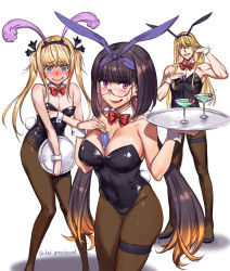 Rule 34 | 1boy, 1other, 2girls, @ @, animal ears, between breasts, blonde hair, blunt bangs, blush, bow, bowtie, breasts, brown hair, chevalier d&#039;eon (fate), cleavage, cocktail glass, cup, detached collar, drinking glass, fake animal ears, fate/grand order, fate (series), fionn mac cumhaill (fate/grand order), glasses, highres, large breasts, leotard, moriyama daisuke, multiple girls, osakabehime (fate), pantyhose, playboy bunny, rabbit ears, rabbit tail, small breasts, tail, tray, twintails, twitter username, wrist cuffs
