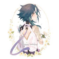 Rule 34 | 1boy, arm tattoo, bead necklace, beads, birthday, black hair, blush, closed mouth, facial mark, flower, forehead mark, from behind, genshin impact, green hair, hair flower, hair ornament, happy birthday, head tilt, highres, holding, holding flower, jewelry, male focus, multicolored hair, necklace, profile, simple background, solo, tamamura (tmmr5), tattoo, upper body, white background, white flower, xiao (genshin impact), yellow eyes, yellow flower