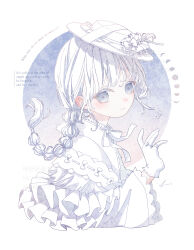 Rule 34 | 1girl, absurdres, braid, braided ponytail, cropped torso, dress, english text, frills, full moon, gloves, hat, highres, jewelry, lolita fashion, long hair, looking at viewer, moon, moon phases, original, ribbon, ring, smile, solo, upper body, wa lolita, white background, white dress, white eyes, white gloves, white hair, white hat, white ribbon, white theme, yuge kemuri