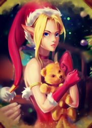 Rule 34 | 1girl, ambitious elf jinx, bare shoulders, blonde hair, blue eyes, blurry, blurry background, bow, choker, christmas, clenched hands, closed mouth, collarbone, fur-trimmed gloves, fur-trimmed headwear, fur trim, gloves, hands up, hat, holding, holding stuffed toy, jinx (league of legends), league of legends, looking at viewer, official alternate costume, orange bow, red choker, red gloves, red headwear, santa hat, stuffed animal, stuffed toy, teddy bear, wen wei dashi