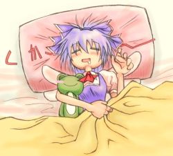 Rule 34 | 1girl, cirno, doll, embodiment of scarlet devil, female focus, from above, saliva, sleeping, solo, touhou, under covers, upper body