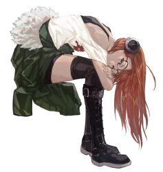 Rule 34 | 1girl, black footwear, black tank top, black thighhighs, boots, brown eyes, full body, fur-trimmed jacket, fur trim, glasses, green jacket, headphones, highres, hunched over, jacket, long hair, looking at viewer, open clothes, open jacket, orange hair, parted lips, persona, persona 5, richost, sakura futaba, shorts, simple background, solo, tank top, thighhighs, white background