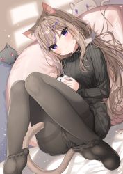 Rule 34 | 1girl, bad id, bad pixiv id, black pantyhose, black sweater, blush, breasts, brown hair, cat girl, closed mouth, commentary request, controller, game controller, hair ornament, hairclip, highres, holding, knees together feet apart, knees up, leo (mafuyu), long hair, long sleeves, looking at viewer, low twintails, lying, mafuyu (chibi21), medium breasts, multicolored hair, no shoes, on back, original, panties, panties under pantyhose, pantyhose, pillow, purple eyes, purple hair, ribbed sweater, sleeves past wrists, smile, soles, solo, streaked hair, stuffed animal, stuffed cat, stuffed toy, sweater, thighband pantyhose, twintails, underwear, very long hair, x hair ornament