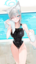 Rule 34 | 1girl, 1other, ;), absurdres, animal ear fluff, animal ears, aqua eyes, blue archive, blush, bottle, breasts, collarbone, competition swimsuit, extra ears, giving, grey hair, groin, halo, highres, holding, holding bottle, large breasts, looking at viewer, official alternate costume, one-piece swimsuit, one eye closed, oyabuli, pov, pov hands, shiroko (blue archive), shiroko (swimsuit) (blue archive), smile, solo focus, swimsuit, tumbler, water drop, wet, wet clothes, wet hair, wolf ears