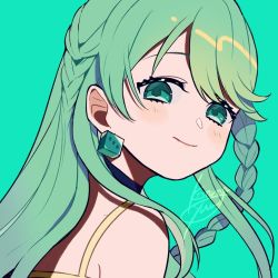 Rule 34 | 1girl, blush, braid, camisole, character request, commentary request, copyright request, dice, dice earrings, empty eyes, green background, green hair, kisaragi yuu (fallen sky), long hair, looking at viewer, portrait, shadow, simple background, smile, solo, upper body, yellow camisole