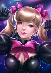 Rule 34 | 1girl, animal ears, black cat d.va, black dress, black gloves, blonde hair, blue background, bow, bowtie, breasts, brown eyes, cat ears, cleavage, d.va (overwatch), dress, earrings, eyelashes, gloves, hair bow, heart, heart earrings, jewelry, lolita fashion, looking at viewer, medium breasts, nindei, official alternate costume, overwatch, overwatch 1, parted lips, pink bow, pink lips, portrait, puffy short sleeves, puffy sleeves, short sleeves, smile, solo, twintails, watermark, web address