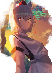 Rule 34 | 1girl, 38 (sanjuuhachi), animal ears, bad id, bad pixiv id, closed mouth, detached sleeves, hair between eyes, hat, highres, inubashiri momiji, leaf, looking to the side, outdoors, red hat, shade, shirt, short hair, sky, solo, tokin hat, touhou, upper body, white hair, white shirt, white sleeves, wolf ears, yellow sky