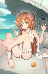Rule 34 | 1girl, apple, arknights, barefoot, beach, brown hair, buddha grade, double v, feet, food, fruit, green eyes, highres, long hair, looking at viewer, myrtle (arknights), parasol, pointy ears, soles, sunglasses on head, toes, umbrella, v
