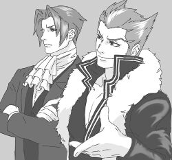 Rule 34 | 2boys, ace attorney, ace attorney investigations, ace attorney investigations: miles edgeworth, ascot, closed mouth, crossed arms, formal, fur trim, greyscale, hair intakes, jacket, lcageki, male focus, miles edgeworth, monochrome, multiple boys, shi-long lang, short hair, simple background, smile, suit, upper body