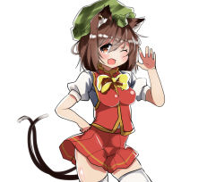 Rule 34 | 1girl, ;d, animal ears, blush, breasts, brown hair, cat ears, cat tail, chen, chinese clothes, earrings, fang, hat, heart, heart-shaped pupils, highres, impossible clothes, jewelry, medium breasts, mob cap, multiple tails, nekomata, one eye closed, open mouth, short hair, simple background, single earring, smile, solo, symbol-shaped pupils, tail, takimoto yukari, tareme, thighhighs, touhou, two tails, white background