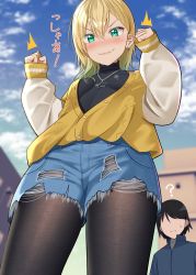 Rule 34 | &gt;:), 1boy, 1girl, ?, ^^^, black hair, black pantyhose, black shirt, blonde hair, blue jacket, blue shorts, blue sky, blurry, blurry background, blush, breasts, brown jacket, building, clenched hands, closed mouth, cloud, cloudy sky, commentary request, day, denim, denim shorts, depth of field, earrings, faceless, faceless male, from below, gradient hair, green eyes, green hair, grey shirt, gurande (g-size), hair between eyes, hands up, highres, jacket, jewelry, pantyhose under shorts, long sleeves, looking at viewer, looking down, multicolored hair, necklace, nose blush, original, outdoors, pantyhose, puffy long sleeves, puffy sleeves, shirt, short shorts, shorts, sky, sleeves past wrists, small breasts, smile, standing, star (symbol), star in eye, star necklace, symbol in eye, torn clothes, torn shorts, translation request, v-shaped eyebrows
