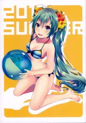 Rule 34 | 1girl, absurdres, ball, bare shoulders, barefoot, beachball, bikini, blush, breasts, cleavage, flower, green eyes, green hair, hair flower, hair ornament, hatsune miku, hibiscus, highres, holding, holding ball, huge filesize, kneeling, long hair, looking at viewer, medium breasts, open mouth, scan, see-through, shiomizu (swat), side-tie bikini bottom, simple background, smile, solo, striped bikini, striped bikini top, striped clothes, swimsuit, twintails, very long hair, vocaloid, yellow background