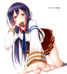 Rule 34 | 10s, 1girl, all fours, blue hair, candy, chocolate, chocolate heart, food, heart, long hair, love live!, love live! school idol festival, love live! school idol project, mouth hold, necktie, noppi (noppi 98), pleated skirt, school uniform, simple background, skirt, solo, sonoda umi, valentine, white background, yellow eyes