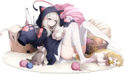 Rule 34 | 1girl, :o, animal hood, basket, black pajamas, blue eyes, blush, box, cardboard box, carpet, cat, cat hood, cat pajamas, cat teaser, eversoul, grey cat, hair between eyes, hair ornament, hood, hooded pajamas, looking at another, mephistopheles (eversoul), non-web source, official alternate costume, official art, pajamas, reclining, sleeves past fingers, sleeves past wrists, solo, tachi-e, thighhighs, thighs, transparent background, white cat, white hair, white thighhighs, yarn, yarn ball, yellow cat