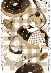 Rule 34 | 1girl, animal ears, bear ears, bear girl, bear tail, black footwear, bow, bowtie, brown eyes, cherry, coffee, coffee beans, commentary, cookie, cup, doughnut, dress, eating, food, food on head, fruit, highres, key, light brown hair, looking at viewer, looking back, myu (3u gumi), no pupils, object on head, original, plaid, plaid background, plaid dress, short hair, solo, spoon, sugar cube, symbol-only commentary, tail