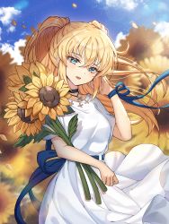 Rule 34 | 1girl, bad id, bad pixiv id, black choker, blonde hair, blue eyes, blue ribbon, blue sky, blurry, blurry background, choker, day, flower, hair between eyes, hand up, highres, holding, holding flower, jewelry, lens flare, long hair, looking at viewer, necklace, open mouth, original, outdoors, ponytail, ribbon, risem, short sleeves, sky, solo, standing, sunflower