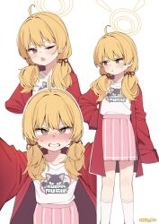 Rule 34 | 1girl, ahoge, alternate costume, alternate hairstyle, artist name, blonde hair, blue archive, blush, brown eyes, clenched teeth, commentary request, double-parted bangs, fang, hair between eyes, halo, hand on own hip, highres, jacket, looking at viewer, looking to the side, low twintails, multiple views, nose blush, one eye closed, open clothes, open jacket, open mouth, outstretched arms, pink skirt, pleated skirt, print shirt, reaching, reaching towards viewer, red jacket, shirt, shirt tucked in, simple background, skin fang, skirt, sleeves past fingers, sleeves past wrists, socks, solo, spicy moo, sweat, teeth, twintails, v-shaped eyebrows, white background, white shirt, white socks, yellow halo, yoshimi (blue archive)