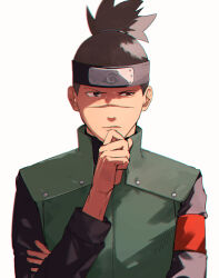 Rule 34 | 1boy, armband, black headband, black shirt, brown eyes, brown hair, closed mouth, green vest, hand on own chin, headband, male focus, mirin (coene65), naruto (series), red armband, scar, scar on face, shirt, simple background, solo, straight-on, thinking, topknot, umino iruka, upper body, vest, white background