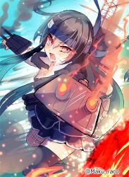 Rule 34 | 10s, 1girl, bad id, bad twitter id, black hair, black thighhighs, blazer, blush, cannon, cis (carcharias), crying, crying with eyes open, fire, hair ornament, hatsushimo (kancolle), hatsushimo kai ni (kancolle), headband, jacket, kantai collection, long hair, low-tied long hair, machinery, open mouth, pleated skirt, red eyes, school uniform, single thighhigh, skirt, solo, tears, thighhighs, turret, twitter username