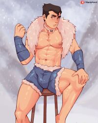 Rule 34 | 1boy, abs, absurdres, armband, avatar legends, bara, black hair, blush, bolin, bulge, fur trim, green eyes, highres, looking at viewer, male focus, manlyhand, muscular, muscular male, nipples, pectorals, short hair, shorts, sitting, snowing, solo, stool, the legend of korra, thick thighs, thighs