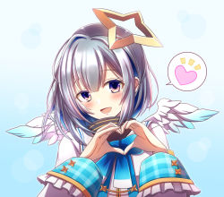 Rule 34 | 1girl, :d, amane kanata, amane kanata (1st costume), angel wings, blue hair, blush, bob cut, colored inner hair, commentary request, gradient background, halo, head tilt, heart, heart hands, highres, hololive, long sleeves, looking at viewer, multicolored eyes, multicolored hair, notice lines, open mouth, ryusei2u, single hair intake, smile, solo, spoken heart, star halo, virtual youtuber, white wings, wings