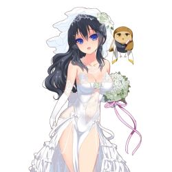 Rule 34 | 1girl, :d, :o, bare shoulders, bead necklace, beads, bird, black hair, blue eyes, book, bouquet, bow, breasts, bridal veil, cleavage, collarbone, colored eyelashes, contrapposto, covered navel, cowboy shot, cross, dress, elbow gloves, eyebrows, floating, floral print, flower, frilled dress, frills, glasses, gloves, hair between eyes, head tilt, hip focus, holding, holding book, holding bouquet, jewelry, kusaka souji, lace, lace-trimmed dress, lace-trimmed gloves, lace trim, lens flare, lily (flower), long hair, looking at viewer, marina sophia, medium breasts, necklace, necktie, official art, open mouth, owl, parted bangs, pearl necklace, pelvic curtain, priest, purple ribbon, raised eyebrows, ribbon, rimless eyewear, rose, see-through, side slit, sideboob, sidelocks, simple background, smile, solo, sparkle, standing, stole, strapless, strapless dress, thighs, tiara, uchi no hime-sama ga ichiban kawaii, veil, wavy hair, wedding dress, white background, white bow, white dress, white flower, white gloves, white ribbon, white rose, yellow eyes