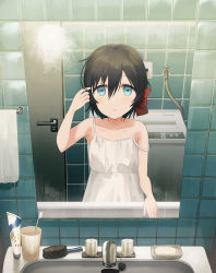 Rule 34 | 1girl, :o, arm up, bad id, bad pixiv id, bare arms, bare shoulders, black hair, blue eyes, blush, bow, collarbone, commentary request, door, dress, faucet, female pov, fingernails, hair between eyes, hair bow, highres, indoors, looking at viewer, mirror, original, parted lips, pov, red bow, reflection, sakanaoishiiumauma, sink, sleeveless, sleeveless dress, soap, solo, strap slip, tile wall, tiles, toothbrush, towel, white dress