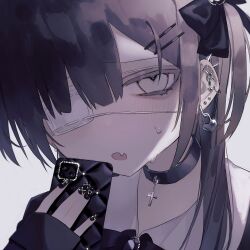 Rule 34 | 1girl, blush, bow, cellphone, cross, cross necklace, ear piercing, earrings, eyepatch, fang, fangs, goth fashion, gothic lolita, hair bow, highres, holding, holding phone, jewelry, lolita fashion, looking at viewer, medical eyepatch, nail polish, necklace, nia (x x02), original, phone, piercing, portrait, purple hair, simple background, skin fangs, smartphone, sweat, white background