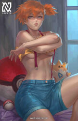 Rule 34 | 1girl, bare arms, bare shoulders, breasts, breasts out, clothes lift, cowboy shot, creatures (company), game freak, gen 2 pokemon, green eyes, green shorts, lifting own clothes, looking at viewer, medium breasts, misty (pokemon), navel, nintendo, no bra, nopeys, orange hair, pokemon, pokemon (anime), pokemon (classic anime), shirt lift, short hair, short shorts, shorts, side ponytail, solo, tank top, togepi, yellow tank top