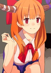 Rule 34 | 1girl, blouse, blue skirt, blush, bow, bowtie, breasts, brown horns, closed mouth, collared shirt, commentary request, cookie (touhou), cowboy shot, highres, horns, ibuki suika, leaning forward, leftame, long hair, looking at viewer, medium breasts, orange hair, photo-referenced, red bow, red bowtie, red eyes, shirt, skirt, sleeveless, sleeveless shirt, smile, solo, touhou, white shirt, yamin (cookie)