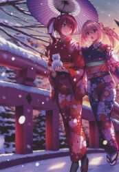 Rule 34 | 2girls, absurdres, branch, bridge, floral print, full body, gradient sky, hair ornament, hanikami kanojo, highres, hiiragi sano, holding, japanese clothes, kimono, long hair, long sleeves, multiple girls, oil-paper umbrella, open mouth, outdoors, piromizu, ponytail, sandals, scan, simple background, sky, snow, snowing, snowman, tabi, tree, umbrella, wide sleeves, zouri