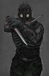 Rule 34 | 1boy, absurdres, armor, aura, belt, buckle, caiman (dorohedoro), covered face, cowboy shot, dorohedoro, dual wielding, facing viewer, fighting stance, gas mask, gloves, grey background, grey theme, highres, holding, holding weapon, knife, male focus, mask, outstretched arms, pants, reaching, reaching towards viewer, reverse grip, ribs, shirt, simple background, sleeveless, snap-fit buckle, solo, spikes, tight clothes, tight shirt, tumubar117, weapon